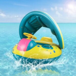 Radeau de natation en plastique pour bébé avec auvent Véritable volant Siège confortable Bouée de bateau pour 6-36 mois Enfants Anneaux de natation Accessoires de piscine