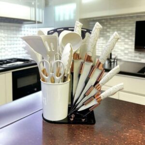 Set d’ustensiles de cuisine premium : 19 pièces avec couteaux, silicone et bois (Noir & Blanc)