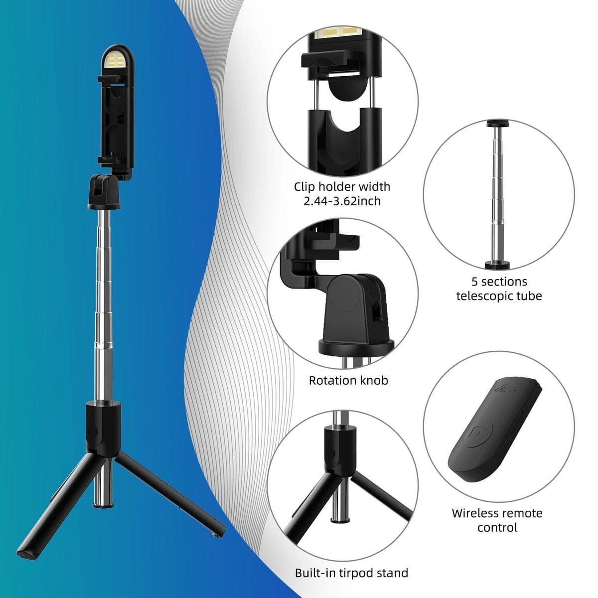 Trépied à Selfie sans fil Bluetooth 3 en 1, avec obturateur de lumière de remplissage, télécommande, monopode pliable Portable pour téléphone intelligent iPhone – Image 5