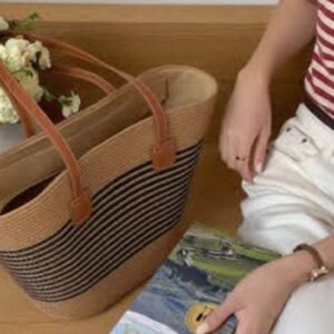 Sac à Main Tissé en Paille de Grande Capacité pour Femme Fourre-Tout à Rayures avec Fermeture Éclair, Polyvalent, Boho, Été