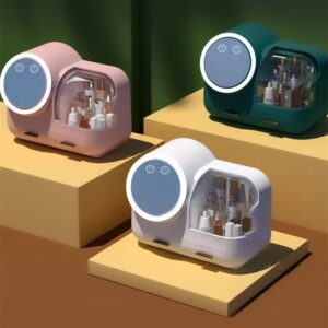 Étagères de salle de bain exquises pour rouge à lèvres, support de produits de soins de la peau, boîte de rangement de maquillage, avec miroir LED, angle réglable et effet de lumière, port de chargement USB avec ventilateur