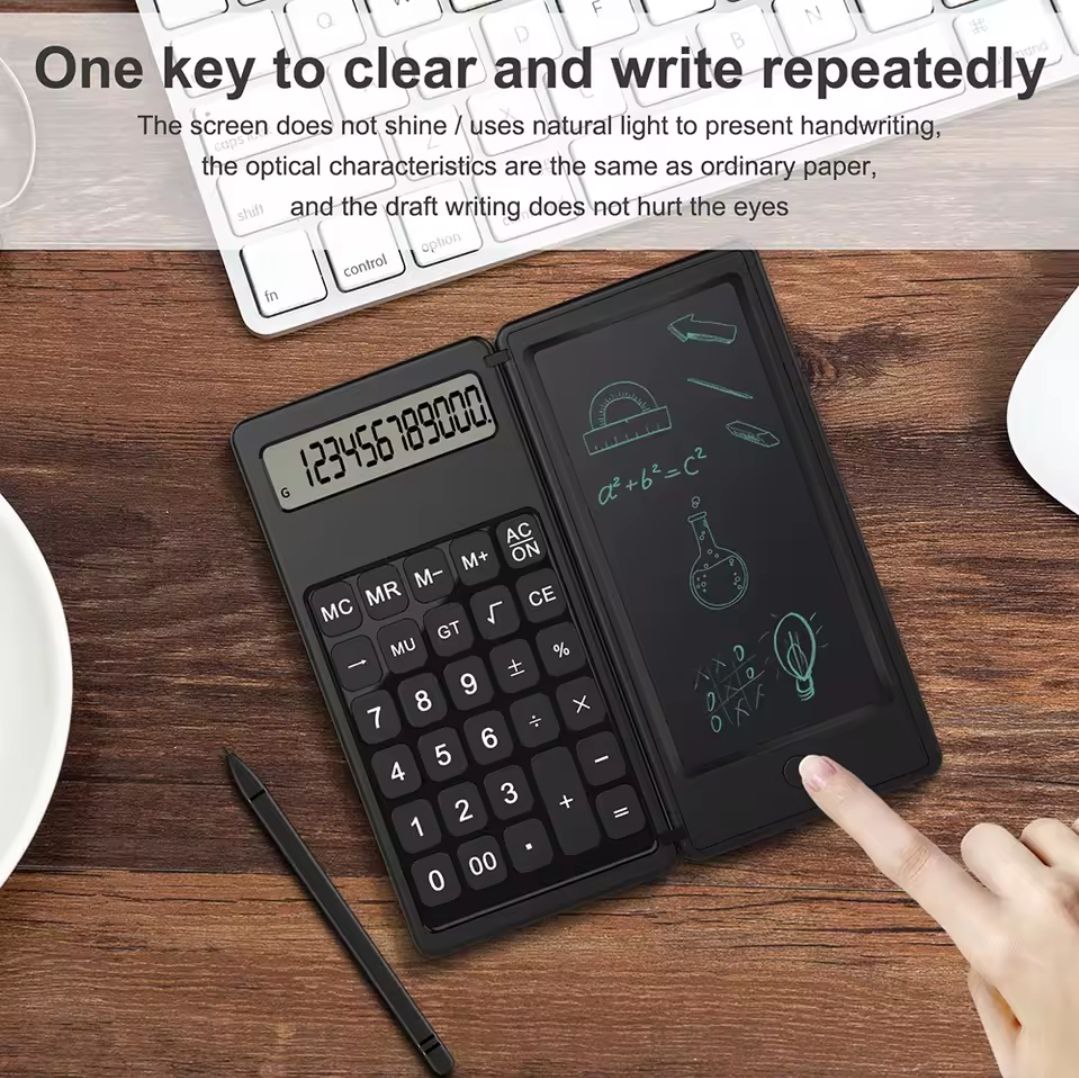 Calculatrice pliable et tablette d'écriture LCD 6 ", bloc-notes à dessin numérique avec stylet, bouton d'effacement, serrure pour l'école, le bureau et les affaires – Image 4